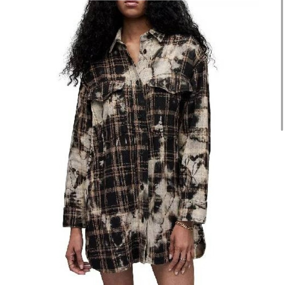 All Saints Black and Cream Long Sleeve Shirt Dress
